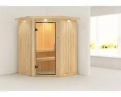 Plug & Play Sauna Karibu Achat II ohne Ofen mit Dachkranz und Ganzglastüre aus Klarglas
