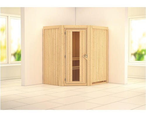 Plug & Play Sauna Karibu Monja ohne Ofen und Dachkranz mit Holztüre und Isolierglas wärmegedämmt