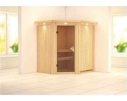 Plug & Play Sauna Karibu Achat III ohne Ofen mit Dachkranz und bronzierter Ganzglastüre