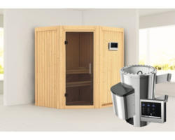 Plug & Play Sauna Karibu Monja inkl. 3,6 kW Ofen u.ext.Steuerung ohne Dachkranz mit graphitfarbiger Ganzglastüre