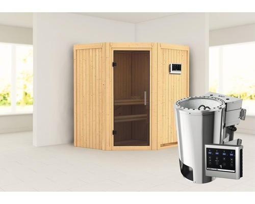 Plug & Play Sauna Karibu Monja inkl. 3,6 kW Bio Ofen u.ext.Steuerung ohne Dachkranz mit graphitfarbiger Ganzglastüre