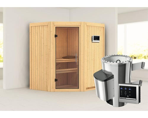 Plug & Play Sauna Karibu Monja inkl. 3,6 kW Ofen u.ext.Steuerung ohne Dachkranz mit Ganzglastüre aus Klarglas