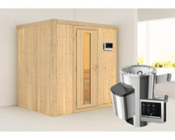 Plug & Play Sauna Karibu Wanja inkl. 3,6 kW Ofen u.ext.Steuerung ohne Dachkranz mit Holztüre aus Isolierglas wärmegedämmt