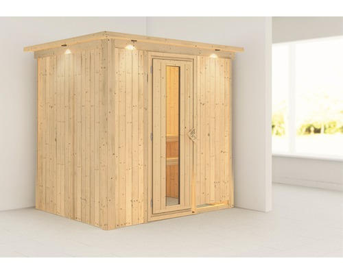 Elementsauna Karibu Bodina ohne Ofen mit Dachkranz und Holztüre mit Isolierglas wärmegedämmt