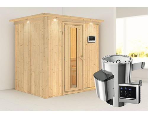 Plug & Play Sauna Karibu Wanja inkl. 3,6 kW Ofen u.ext.Steuerung mit Dachkranz und Holztüre aus Isolierglas wärmegedämmt