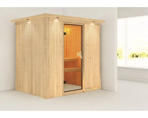 Elementsauna Karibu Bodina ohne Ofen mit Dachkranz und bronzierter Ganzglastüre