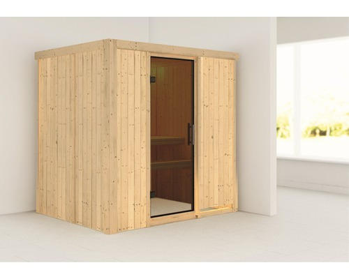 Plug & Play Sauna Karibu Wanja ohne Ofen und Dachkranz mit graphitfarbiger Ganzglastüre