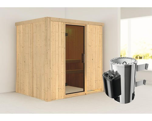 Plug & Play Sauna Karibu Wanja inkl. 3,6 kW Ofen u.integr.Steuerung ohne Dachkranz mit graphitfarbiger Ganzglastüre