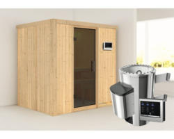 Plug & Play Sauna Karibu Wanja inkl. 3,6 kW Ofen u.ext.Steuerung ohne Dachkranz mit graphitfarbiger Ganzglastüre