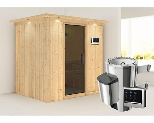 Plug & Play Sauna Karibu Wanja inkl. 3,6 kW Ofen u.ext.Steuerung mit Dachkranz und graphitfarbiger Ganzglastüre