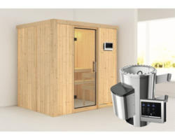 Plug & Play Sauna Karibu Wanja inkl. 3,6 kW Ofen u.ext.Steuerung ohne Dachkranz mit Ganzglastüre aus Klarglas