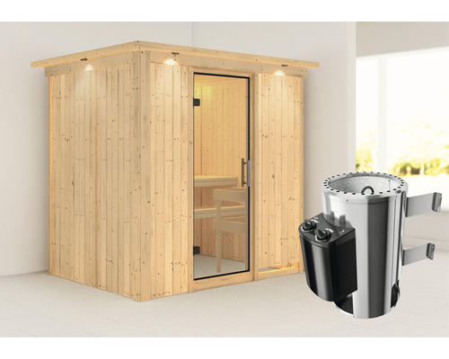 Plug & Play Sauna Karibu Wanja inkl. 3,6 kW Ofen u.integr.Steuerung mit Dachkranz und Ganzglastüre aus Klarglas