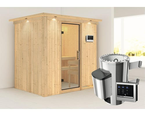 Plug & Play Sauna Karibu Wanja inkl. 3,6 kW Ofen u.ext.Steuerung mit Dachkranz und Ganzglastüre aus Klarglas