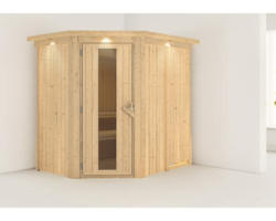 Elementsauna Karibu Carina ohne Ofen mit Dachkranz und Holztüre mit Isolierglas wärmegedämmt