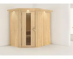 Elementsauna Karibu Carina ohne Ofen mit Dachkranz und Holztüre mit Isolierglas wärmegedämmt