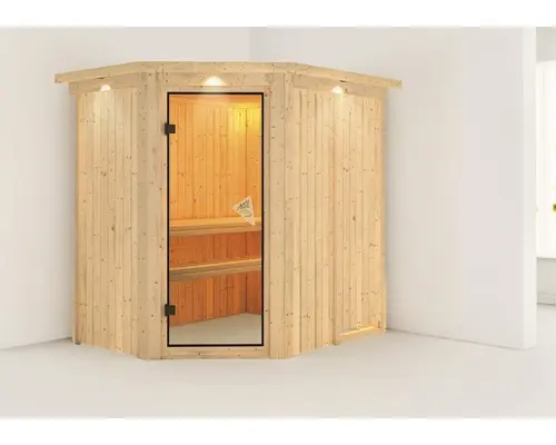 Elementsauna Karibu Carina ohne Ofen mit Dachkranz und bronzierter Ganzglastüre