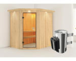 Hornbach Plug & Play Sauna Karibu Laja inkl. 3,6 kW Ofen u.integr.Steuerung mit Dachkranz und bronzierter Ganzglastüre