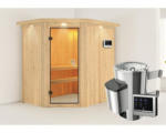 Hornbach Plug & Play Sauna Karibu Laja inkl. 3,6 kW Ofen u.ext.Steuerung mit Dachkranz und bronzierter Ganzglastüre