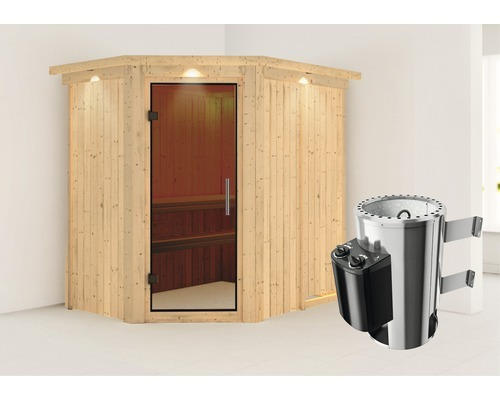 Plug & Play Sauna Karibu Laja inkl. 3,6 kW Ofen u.integr.Steuerung mit Dachkranz und graphitfarbiger Ganzglastüre