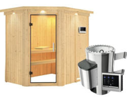 Plug & Play Sauna Karibu Laja inkl. 3,6 kW Ofen u.ext.Steuerung mit Dachkranz und Ganzglastüre aus Klarglas