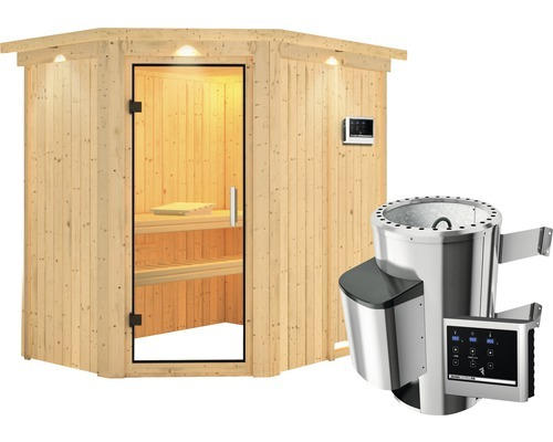 Plug & Play Sauna Karibu Laja inkl. 3,6 kW Ofen u.ext.Steuerung mit Dachkranz und Ganzglastüre aus Klarglas