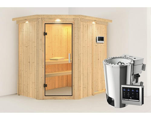 Plug & Play Sauna Karibu Laja inkl. 3,6 kW Bio Ofen u.ext.Steuerung mit Dachkranz und Ganzglastüre aus Klarglas