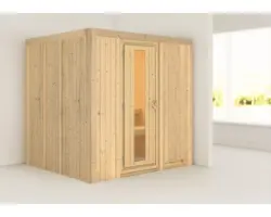 Plug & Play Sauna Karibu Maria ohne Ofen und Dachkranz mit Holztüre und Isolierglas wärmegedämmt