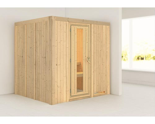 Plug & Play Sauna Karibu Maria ohne Ofen und Dachkranz mit Holztüre und Isolierglas wärmegedämmt