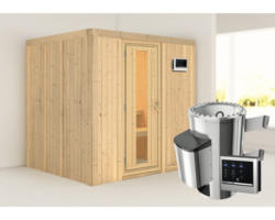 Plug & Play Sauna Karibu Maria inkl. 3,6 kW Ofen u.ext.Steuerung ohne Dachkranz mit Holztüre aus Isolierglas wärmegedämmt