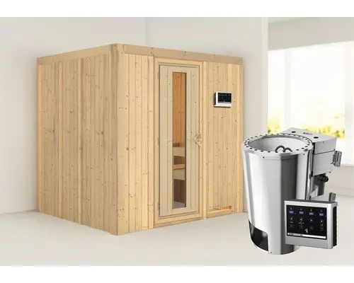 Plug & Play Sauna Karibu Maria inkl. 3,6 kW Bio Ofen u.ext.Steuerung ohne Dachkranz mit Holztüre aus Isolierglas wärmegedämmt
