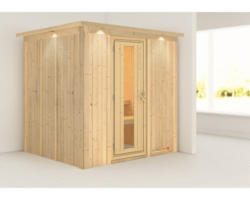 Plug & Play Sauna Karibu Achat VIII ohne Ofen mit Dachkranz und Holztüre mit Isolierglas wärmegedämmt