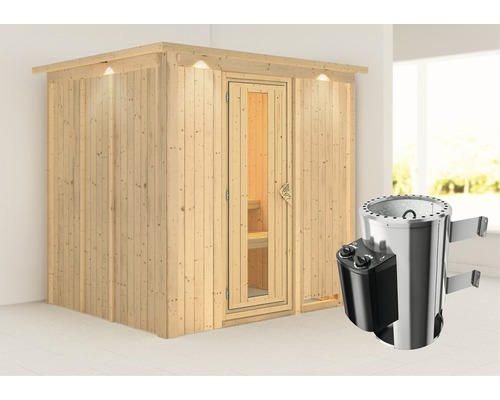 Plug & Play Sauna Karibu Achat VIII inkl. 3,6 kW Ofen u.integr.Steuerung mit Dachkranz und Holztüre aus Isolierglas wärmegedämmt