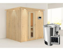 Plug & Play Sauna Karibu Achat VIII inkl. 3,6 kW Bio Ofen u.ext.Steuerung mit Dachkranz und Holztüre aus Isolierglas wärmegedämmt