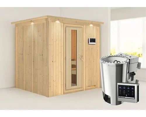 Plug & Play Sauna Karibu Achat VIII inkl. 3,6 kW Bio Ofen u.ext.Steuerung mit Dachkranz und Holztüre aus Isolierglas wärmegedämmt