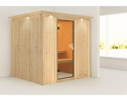 Plug & Play Sauna Karibu Achat VIII ohne Ofen mit Dachkranz und bronzierter Ganzglastüre