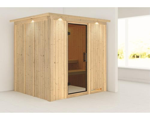 Plug & Play Sauna Karibu Achat VIII ohne Ofen mit Dachkranz und graphitfarbiger Ganzglastüre