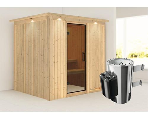 Plug & Play Sauna Karibu Achat VIII inkl. 3,6 kW Ofen u.integr.Steuerung mit Dachkranz und graphitfarbiger Ganzglastüre