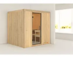 Plug & Play Sauna Karibu Maria ohne Ofen ohne Dachkranz mit Ganzglastüre aus Klarglas