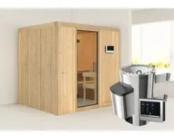 Plug & Play Sauna Karibu Maria inkl. 3,6 kW Ofen u.ext.Steuerung ohne Dachkranz mit Ganzglastüre aus Klarglas
