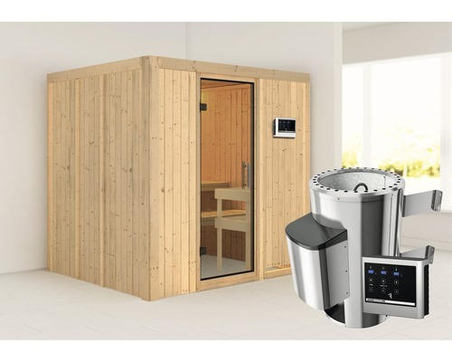 Plug & Play Sauna Karibu Maria inkl. 3,6 kW Ofen u.ext.Steuerung ohne Dachkranz mit Ganzglastüre aus Klarglas