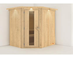 Plug & Play Sauna Karibu Achat VII ohne Ofen mit Dachkranz und Holztüre mit Isolierglas wärmegedämmt