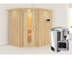 Plug & Play Sauna Karibu Achat VII inkl. 3,6 kW Bio Ofen u.ext.Steuerung mit Dachkranz und Holztüre aus Isolierglas wärmegedämmt