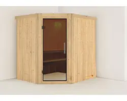 Plug & Play Sauna Karibu Silja ohne Ofen ohne Dachkranz mit graphitfarbiger Ganzglastüre