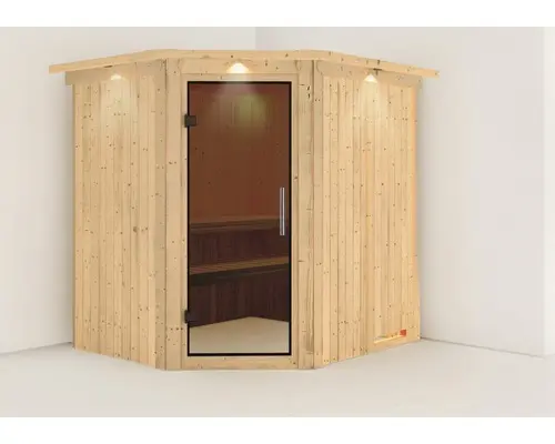 Elementsauna Karibu Petalit ohne Ofen mit Dachkranz und graphitfarbiger Ganzglastüre