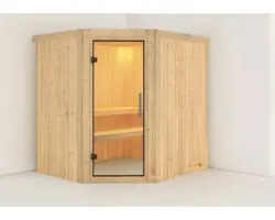 Plug & Play Sauna Karibu Silja ohne Ofen ohne Dachkranz mit Ganzglastüre aus Klarglas