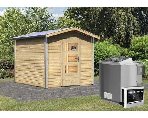 Saunahaus Karibu Nosse I inkl. 9 kW Bio Ofen u.ext.Steuerung mit Vorraum und Holztüre und Klarglas