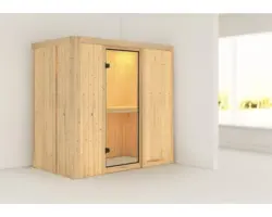 Elementsauna Karibu Mariado ohne Ofen und Dachkranz mit Ganzglastüre aus Klarglas