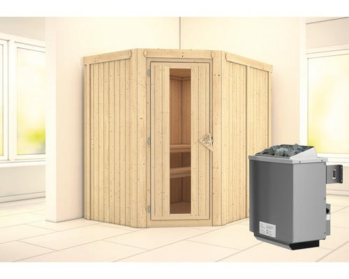 Elementsauna Karibu Carina inkl. 9 kW Ofen u.integr.Steuerung ohne Dachkranz mit Holztüre und Isolierglas wärmegedämmt