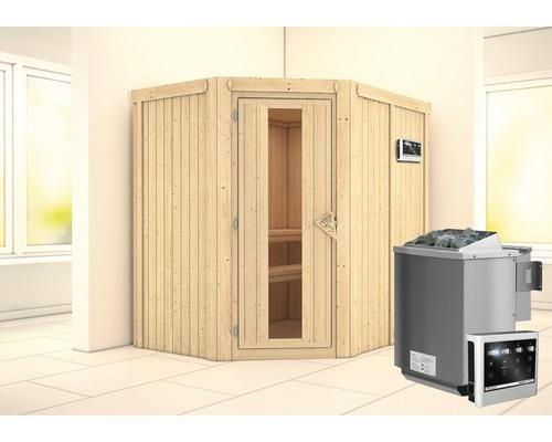 Elementsauna Karibu Carina inkl. 9 kW Bio Ofen u.ext.Steuerung ohne Dachkranz mit Holztüre und Isolierglas wärmegedämmt
