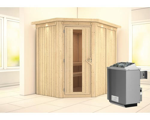 Elementsauna Karibu Carina inkl. 9 kW Ofen u.integr.Steuerung mit Dachkranz und Holztüre mit Isolierglas wärmegedämmt